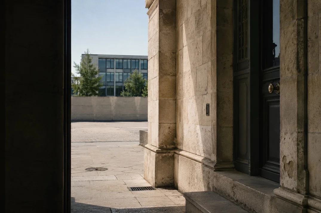 A dark stone archway opening onto a sunlit limestone courtyard, framed by classical columns and a panelled door.